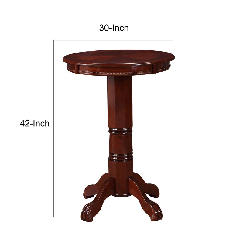 Ava 42 Inch Wood Pub Bar Table, Sunburst Design, Carved Pedestal, Dark Brown-Benzara