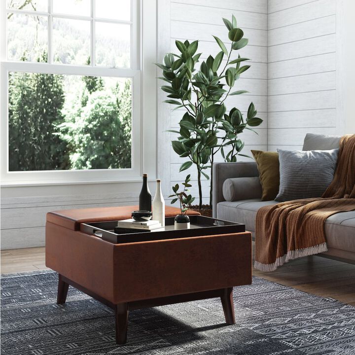 Simpli Home Small Coffee Table Storage Ottoman In Distressed Saddle Brown Vegan Faux Leather