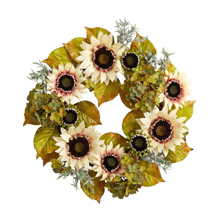 Nearly Natural 24-in White Sunflower and Hydrangea Artificial Autumn Wreath