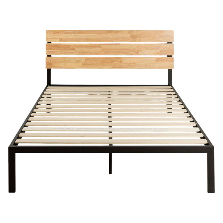 Metal Platform Bed Frame with Wood Slats and Headboard
