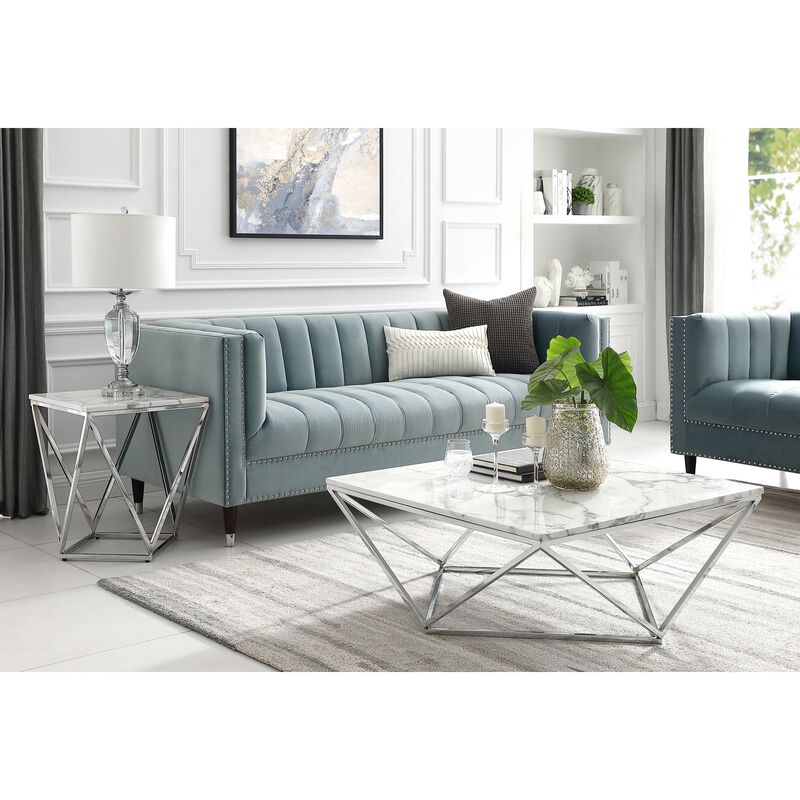 Inspired Home Isaan Marble Top End Table with Stainless Steel Metal Base