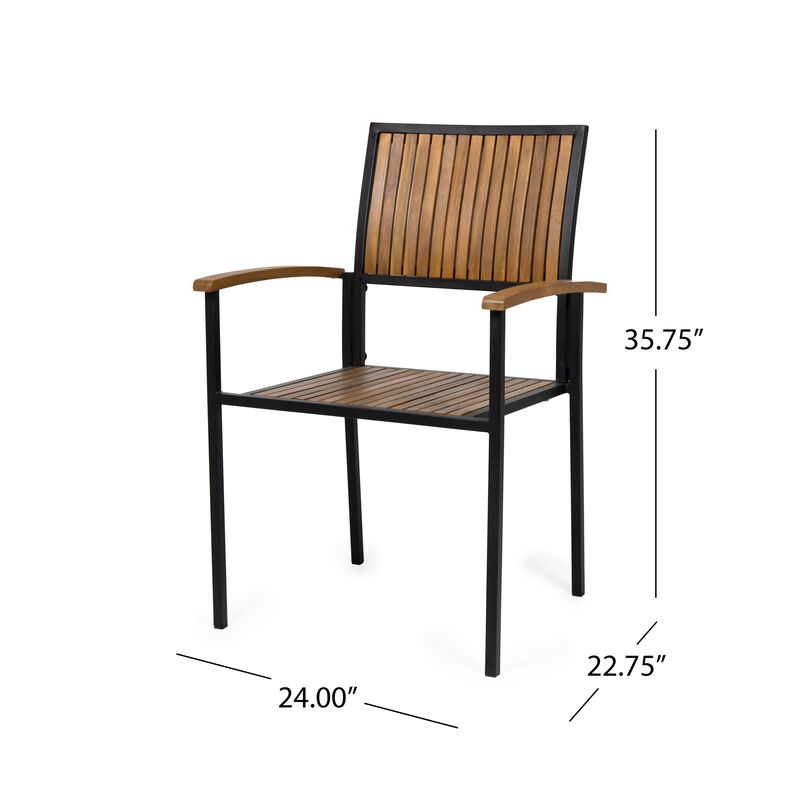 Side Dining Chair Set of 2, Outdoor Slatted Brown Acacia Wood, Black Iron - Benzara
