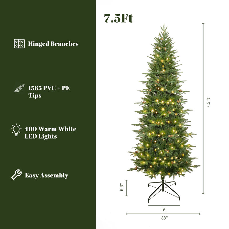 LuxenHome 7.5Ft Pre-Lit Green Slender Artificial Christmas Tree with Pine Cones