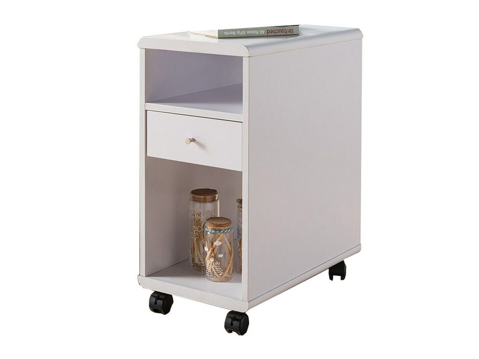 20 Inch Rolling Chairside Table, Single Drawer, 2 Open Shelves, Crisp White - Benzara