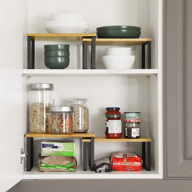 Set of 4 Stackable Cabinet Shelf Organizers - Metal and Particleboard Kitchen Counter Shelves, Expandable
