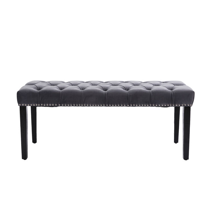 Velvet Tufted Ottoman Bench, Dark Gray