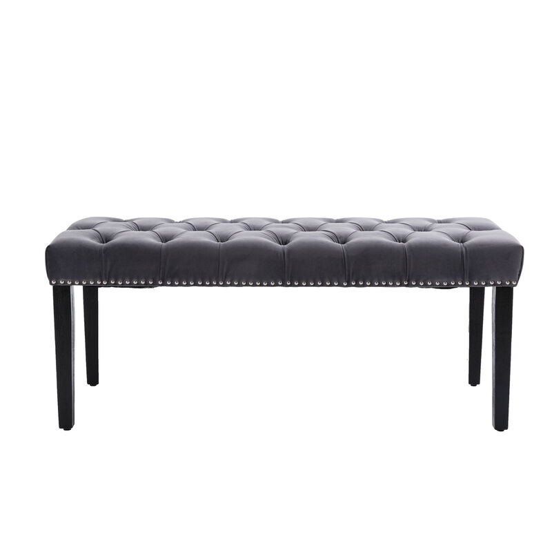 Velvet Tufted Ottoman Bench, Dark Gray