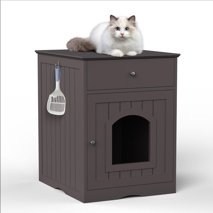 Wooden Cat Litter Box Enclosure with Drawer and Side Table Design