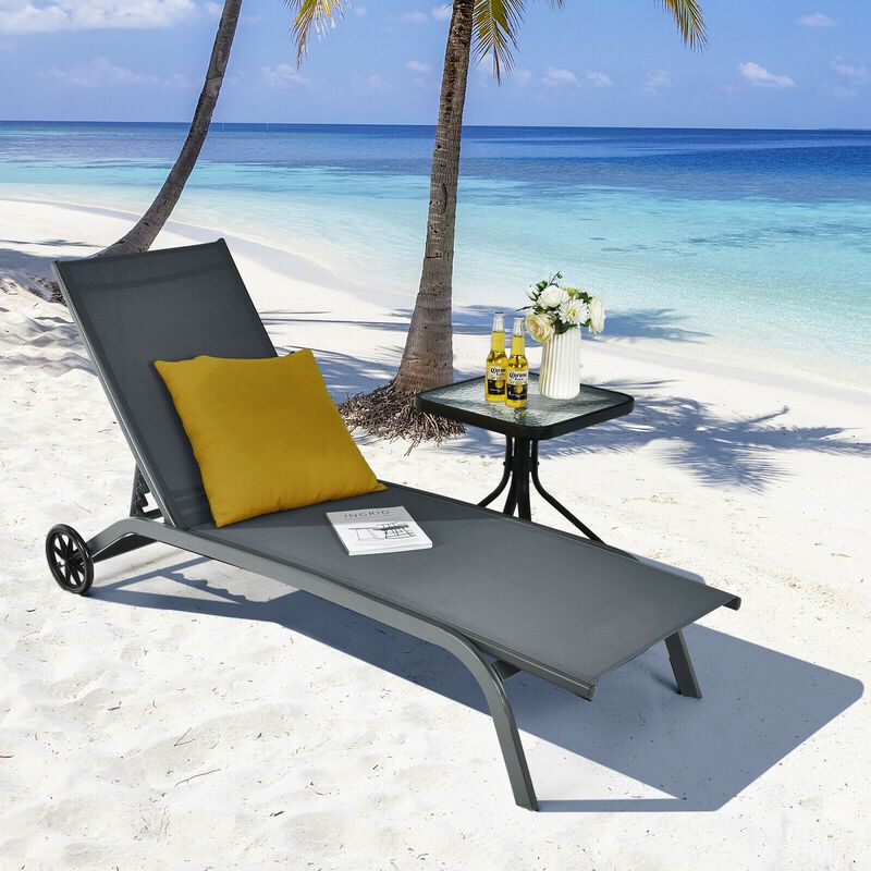6-Poisition Adjustable Outdoor Chaise Recliner with Wheels