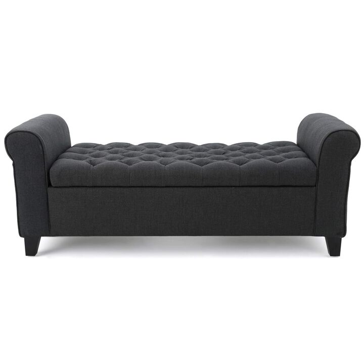Shawn Storage Bench with Rolled Arms, 50 Inch Button Tufted Dark Gray  - Benzara