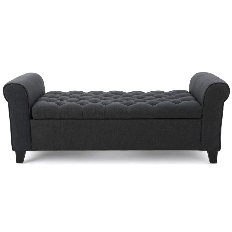Shawn Storage Bench with Rolled Arms, 50 Inch Button Tufted Dark Gray  - Benzara