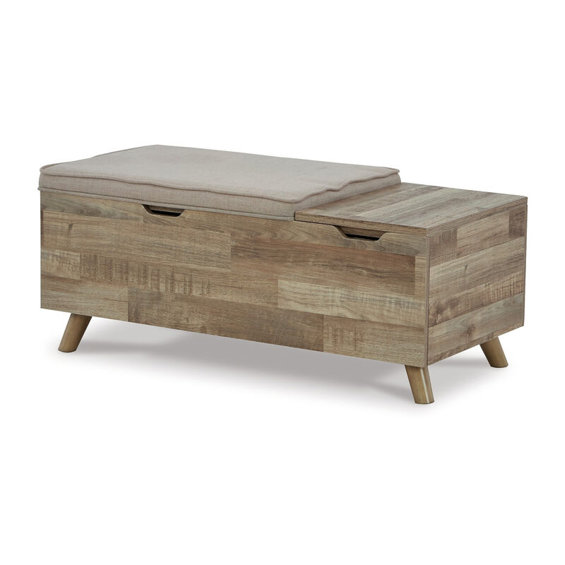 Gimi Storage Bench, Light Brown Wood, Beige Polyester Foam Cushion, 39 Inch - Benzara