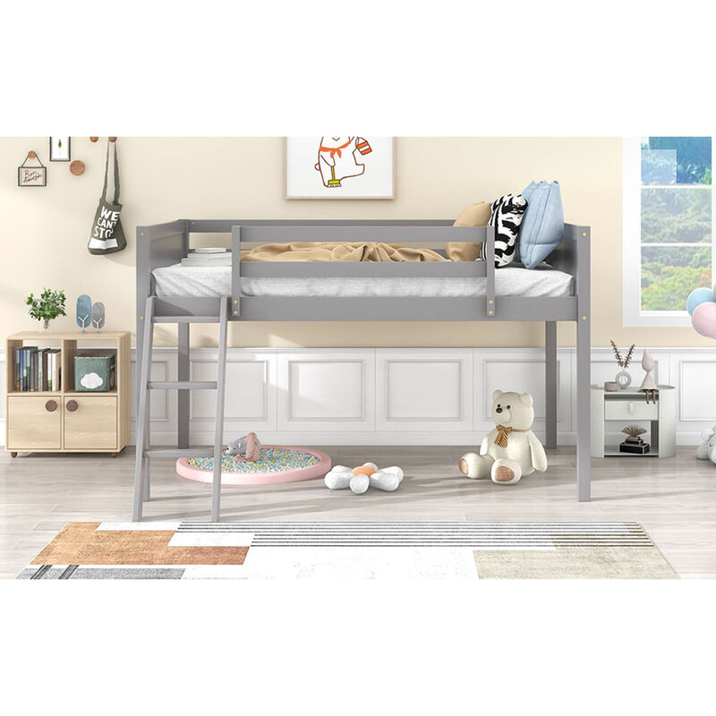 Twin Size Wood Low Loft Bed With Ladder, Ladder Can Be Placed On The Left Or Right