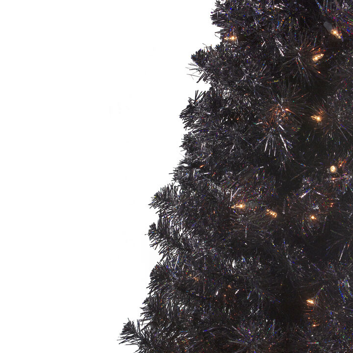 4' Pre-Lit Slim Black Artificial Tinsel Christmas Tree- Clear Lights