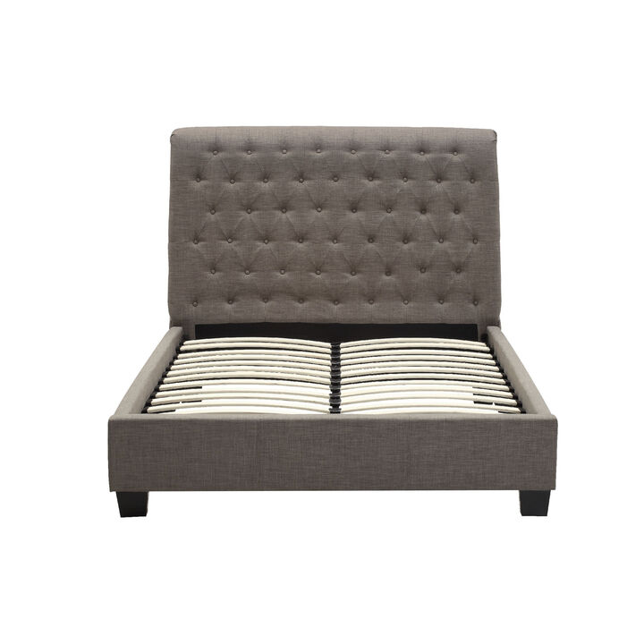 Rue Low Profile California King Bed, Button Tufted Uphosltered, Gray - Benzara