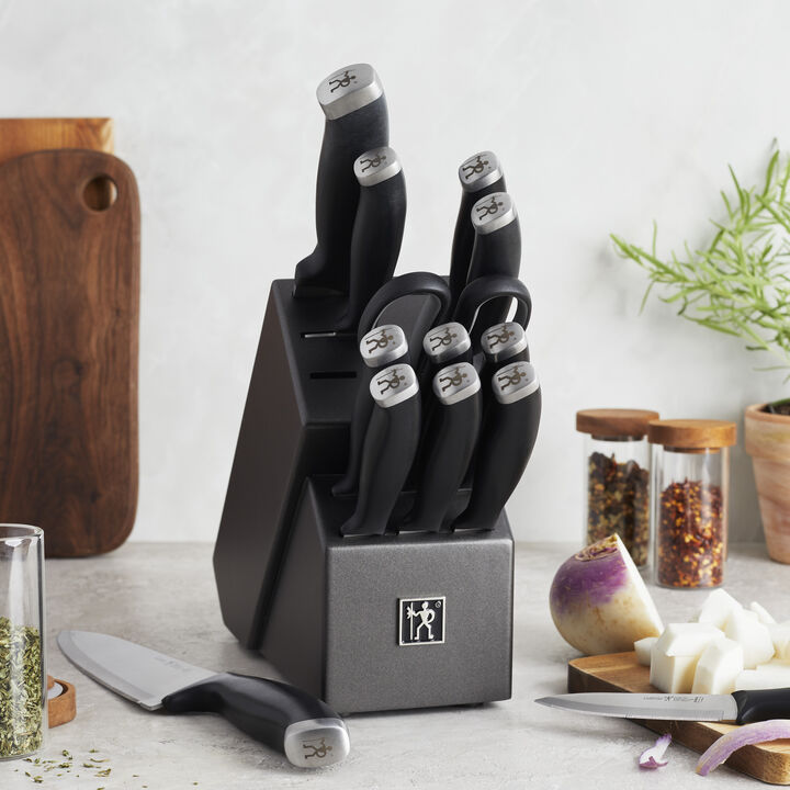 Henckels Silvercap 14 Piece Knife Set with Block, Chef Knife, Paring Knife, Utility Knife, Bread Knife, Steak Knife, Black, Stainless Steel