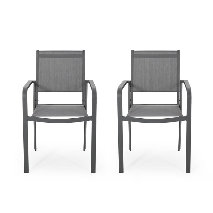 Arini Outdoor Dining Chair Set of 2, Dark Gray Metal Frame, Mesh Seat - Benzara