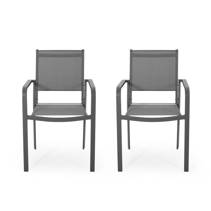 Arini Outdoor Dining Chair Set of 2, Dark Gray Metal Frame, Mesh Seat - Benzara