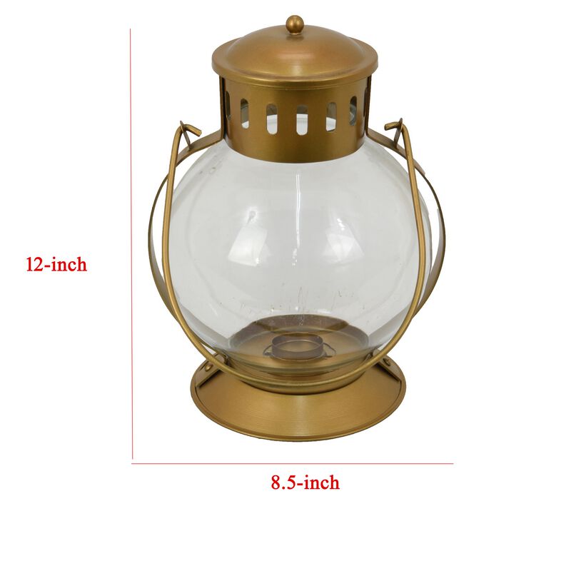Decorative Lantern, Round Glass Shade, Handle, Golden Metal, 12 Inch - Benzara