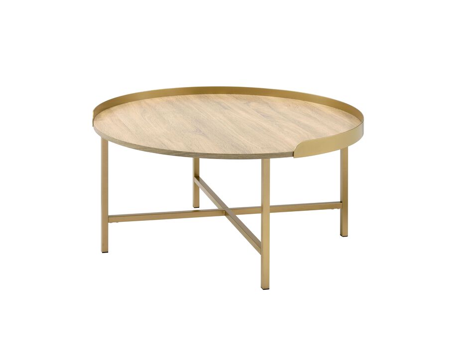 ACME Mithea Coffee Table, Oak Table Top & Gold Finish