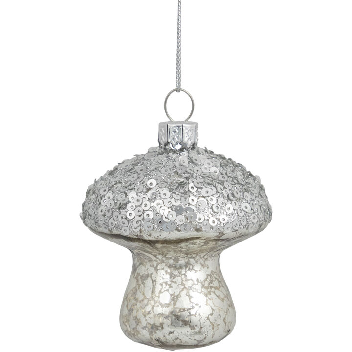 3.5" Sequined Silver Mushroom Glass Christmas Ornament
