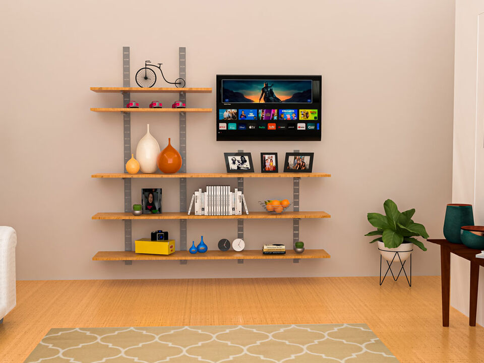 Trendy  Living Room Shelving System 91" & 46" High with 8 Wood Shelves 48" Length 14"-16" Width | 3 Sections- Shelves Sold Separately