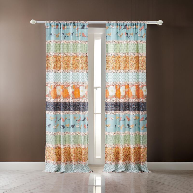 Nite Set of 2 Microfiber Window Curtains, Floral and Striped, Multicolor - Benzara
