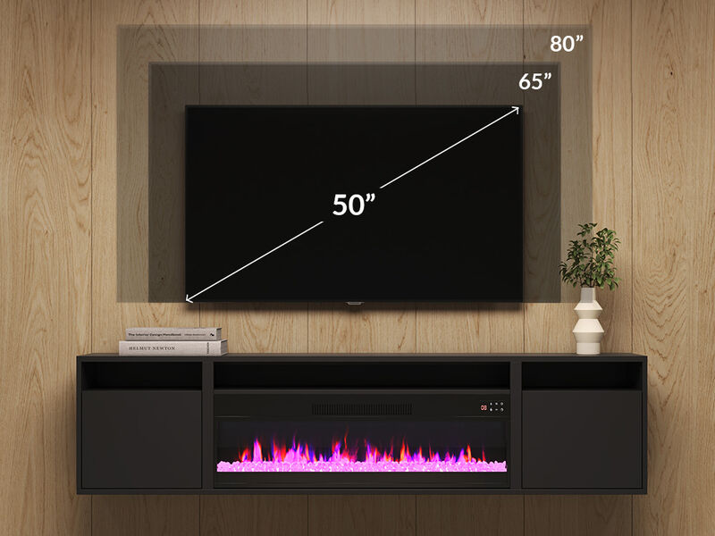 BELLEZE Floating Fireplace TV Stand Wall Mounted with 36" Electric Fireplace Heater, 70" LED Entertainment Center with Storage for TVs up to 75", Modern Media Console TV Shelf For Living Room (Black)