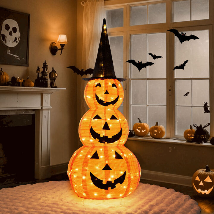 Lighted Stacked Pumpkins Halloween Decoration with Witch Hat