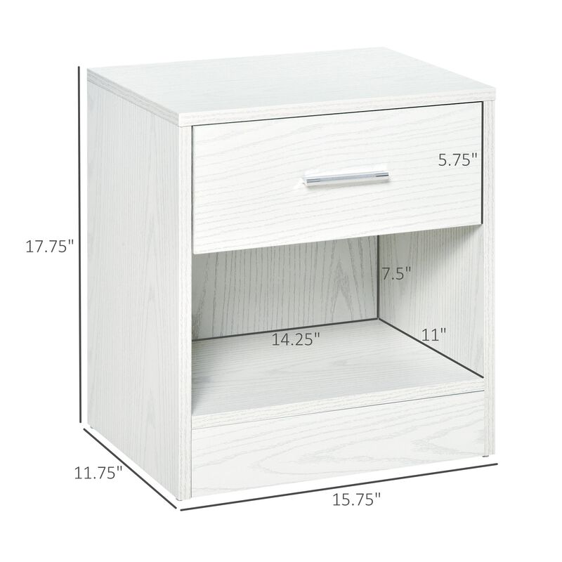 White Wood Bedside Table: Modern Nightstand with Drawer and Shelf