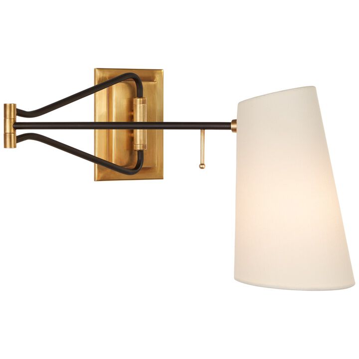 Keil Swing Arm Wall Light in Hand-Rubbed Antique Brass and Black with Linen Shade Keil Swing Arm Wall Light in Hand-Rubbed Antique Brass and Black with Linen Shade