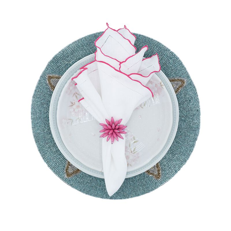 Linen Napkins With Pink Ruffled Hemstitch Edges, Set of 4