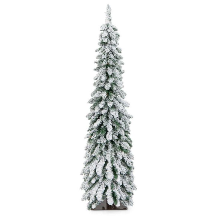 Pre-Lit Artificial Christmas Tree Snow-Flocked Slim Pencil Xmas Decor