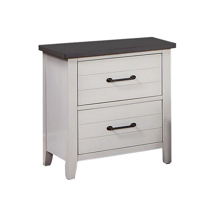 Akira 24 Inch Nightstand, 2 Drawers, White Solid Wood Frame and Gray Top - Benzara