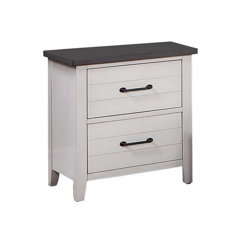 Akira 24 Inch Nightstand, 2 Drawers, White Solid Wood Frame and Gray Top - Benzara