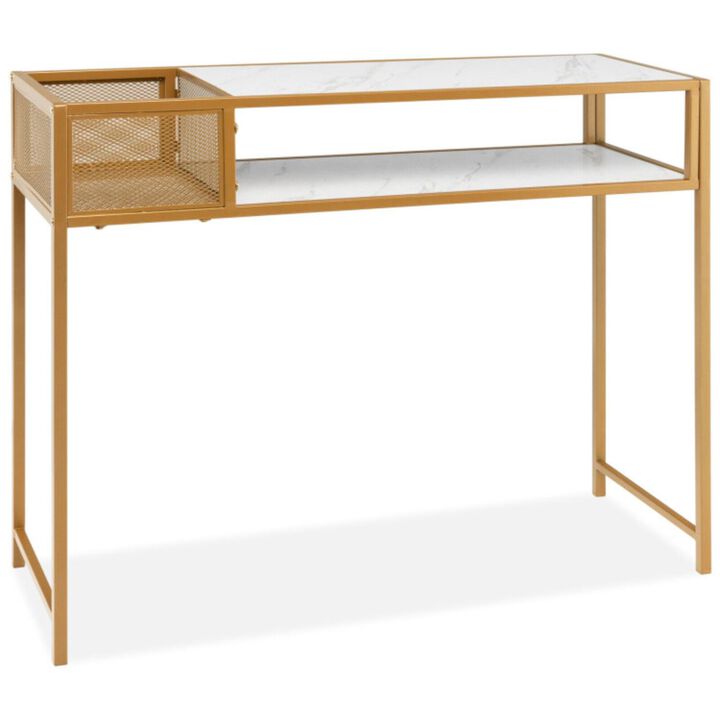 Hivvago Faux Marble Console Table with Wire Baske for Hallway and Living Room