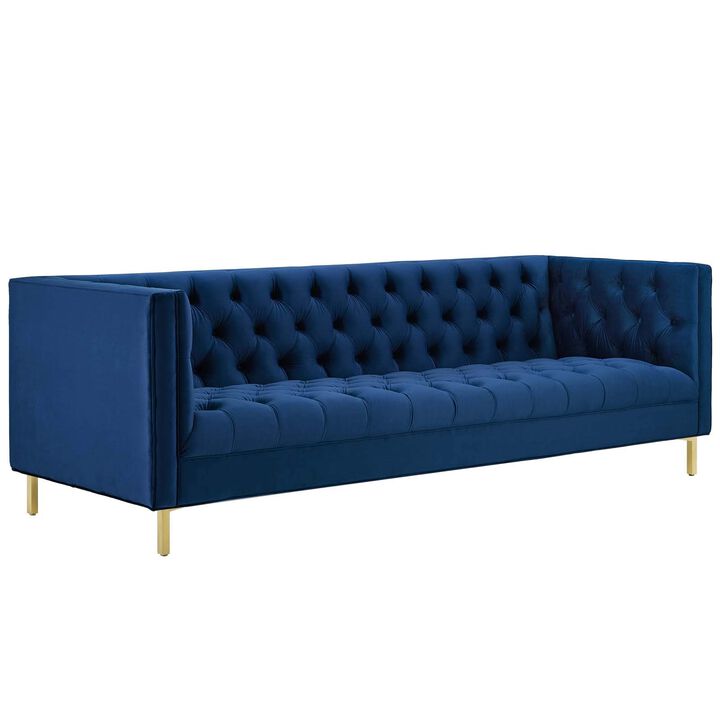Modway Delight Tufted Button Performance Velvet Tuxedo Sofa with Gold Stainless Steel Legs in Navy