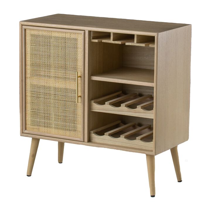 Dana 31 Inch Wood Wine Cabinet, 2 Shelves, Glass Hanger, Rattan Door, Brown-Benzara