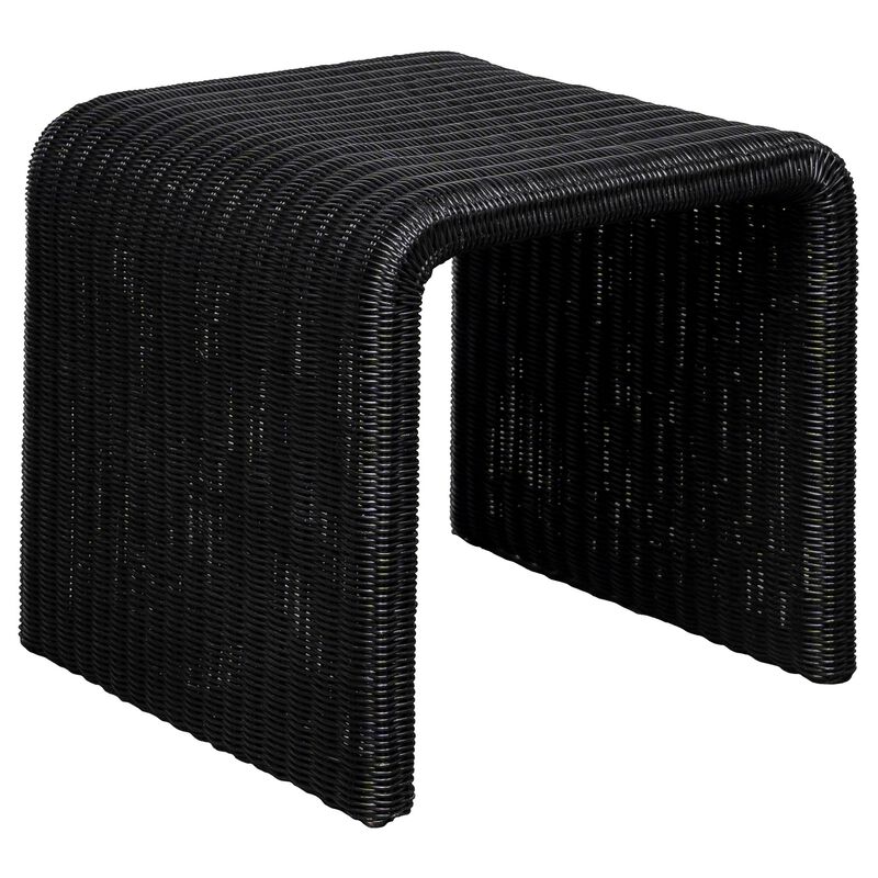 Gigi 22 Inch Side End Table, Black Woven Rattan, Square Waterfall Edges - Benzara