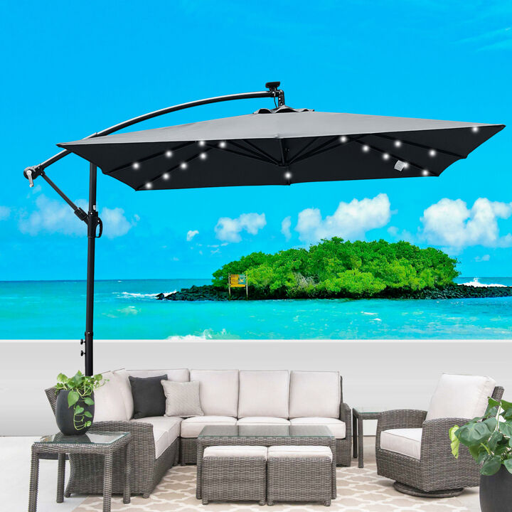 Solar Powered LED Patio Umbrella with Crank & Base