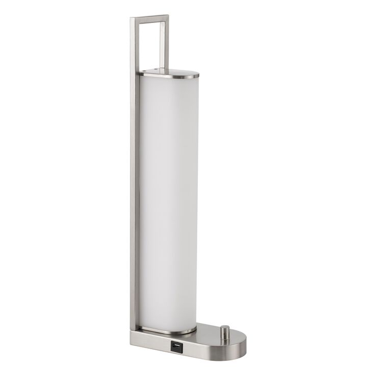Mora Table Lamp, 2 USB Ports, Dimmer LED Light, Chrome Steel 23 Inch - Benzara