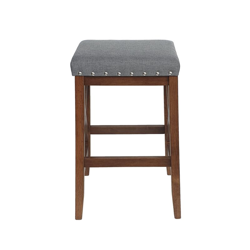 Arica Barstool Set of 2, Saddle Seat X-Cross Rubberwood, Charcoal Gray - Benzara