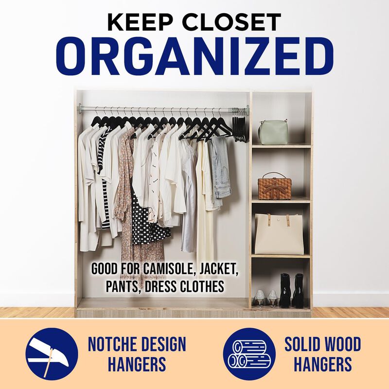 Lifemaster Wooden Clothes Hangers – With 360 Degree Swivel Hook and Non-Slip Shoulder Notch, Holds Up To 10 lbs, Pants Bar Design, For Organizing Suit, Dress, Coat, and Clothes, Pack of 50, Brown