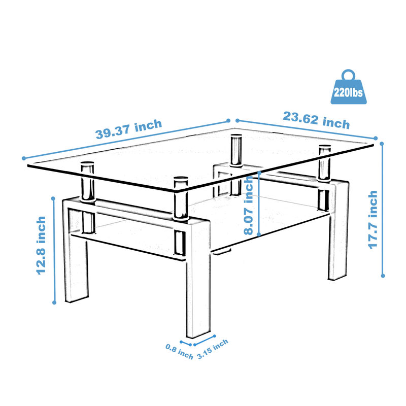 Rectangle Walnut Glass Coffee Table, Clear Coffee Table, Modern Side Center Tables