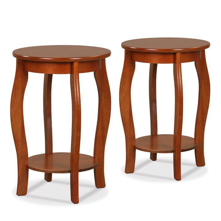 Set of 2 15 Inch 2-Tier Round End Table with Storage Shelf - Walnut