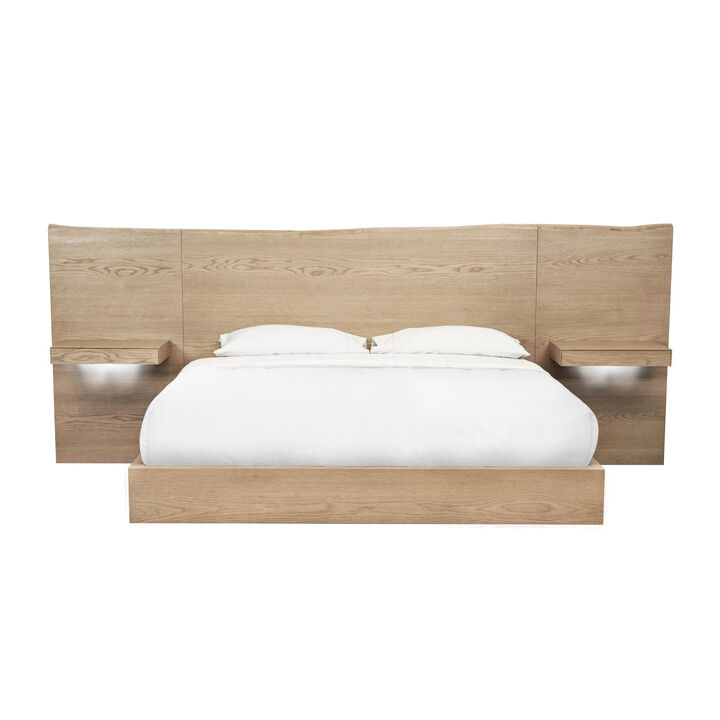 Aziel Queen Size Bed, Live Edge Headboard, Floating Side Shelves, Brown  - Benzara