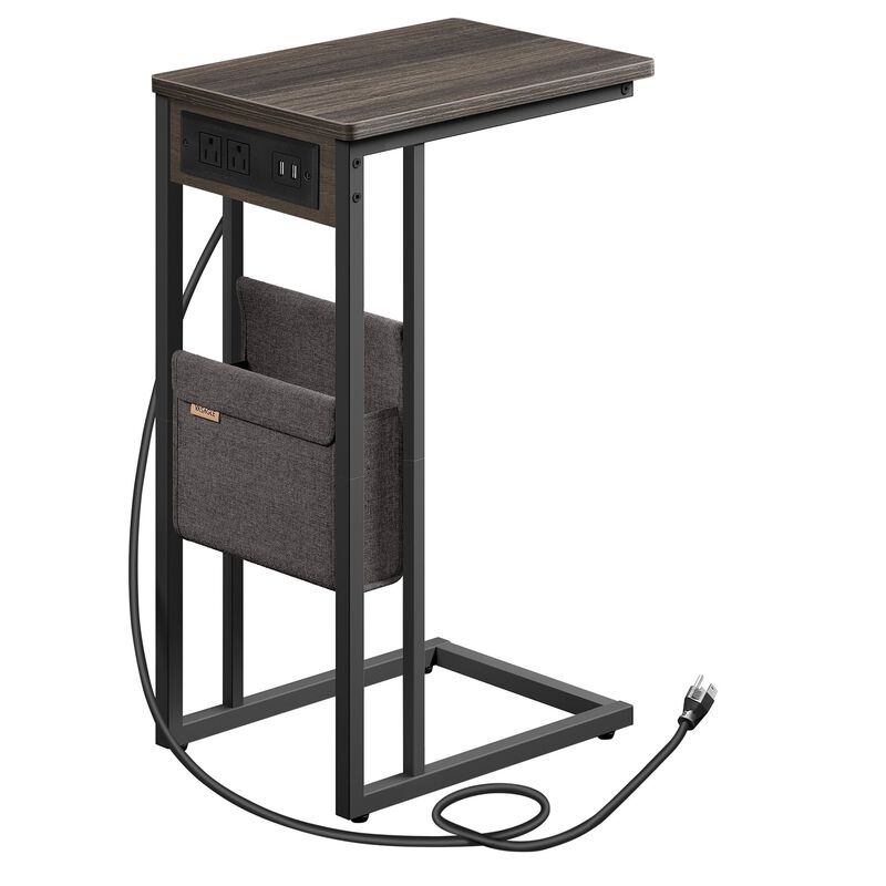 C-Shaped Side Table, End Table with Charging Station, 2 USB Ports and Outlets