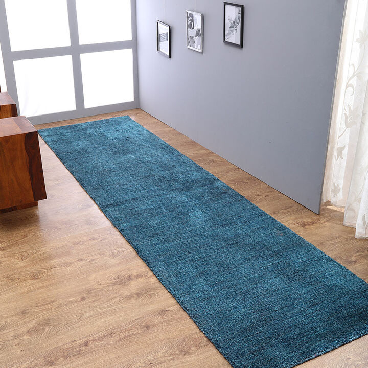 RUGSOTIC CARPETS HAND KNOTTED LOOM WOOL ECO-FRIENDLY AREA RUGS  - 2'6"x8', Runner, Blue Color, Solid Plain Design, High Pile Thick Handmade Anti Skid Area Rugs for Living Room, Bed Room (L00111)