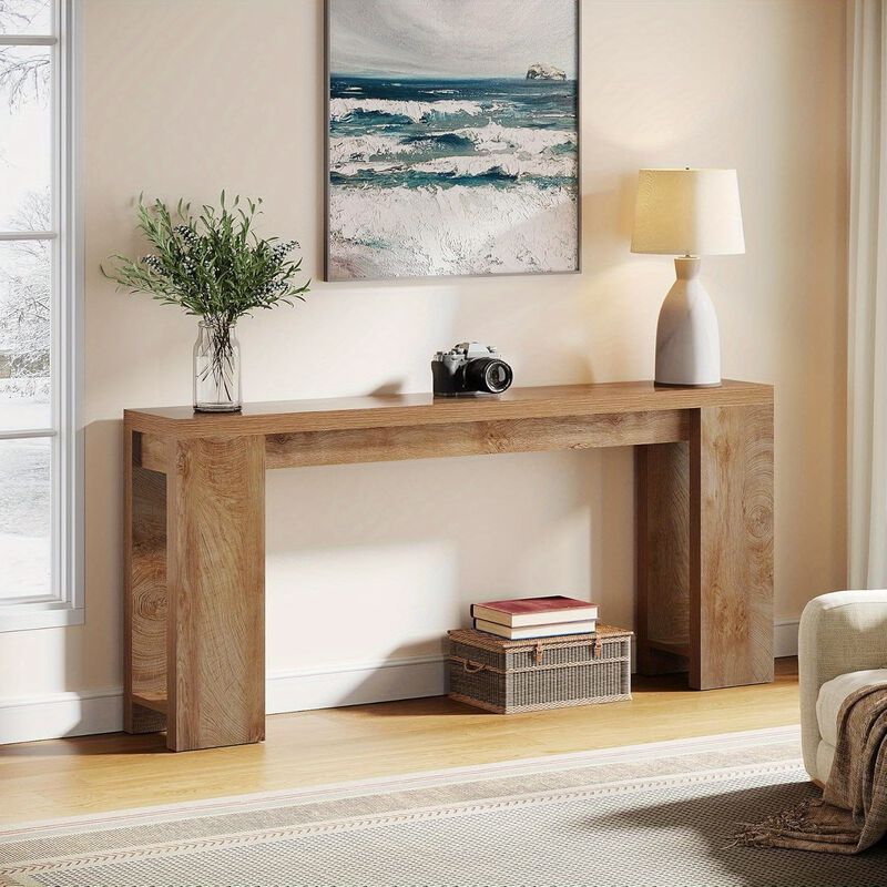 Modern 70.9-Inch Console Table, Farmhouse Wood Sofa Table, Narrow Entryway Christmas Renewal Table for Living Room, Hallway, Entrance, Foyer, Light Oak Brown