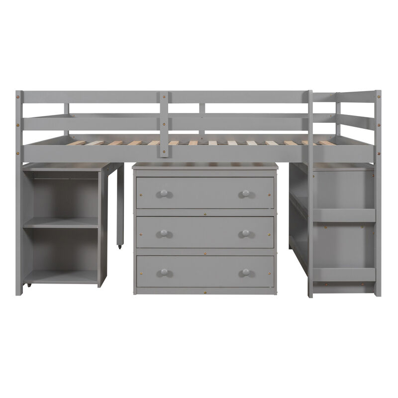 Low Study Full Loft Bed With Cabinet, Shelves And Rolling Portable Desk, Multiple Functions